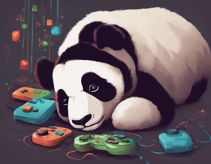 Pixart panda sleeping with video game controller 