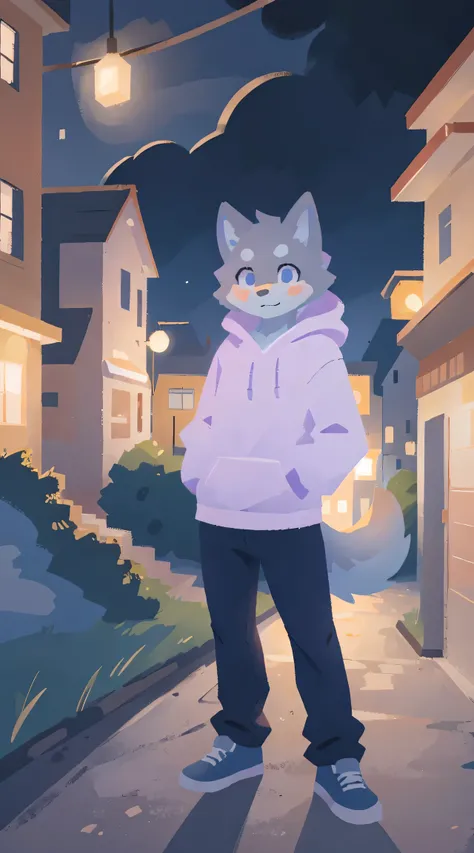 a full body, anthropomorphic old adult blue wolf wearing a light purple hoodie, pants, cute face , posing for a picture in a hil...