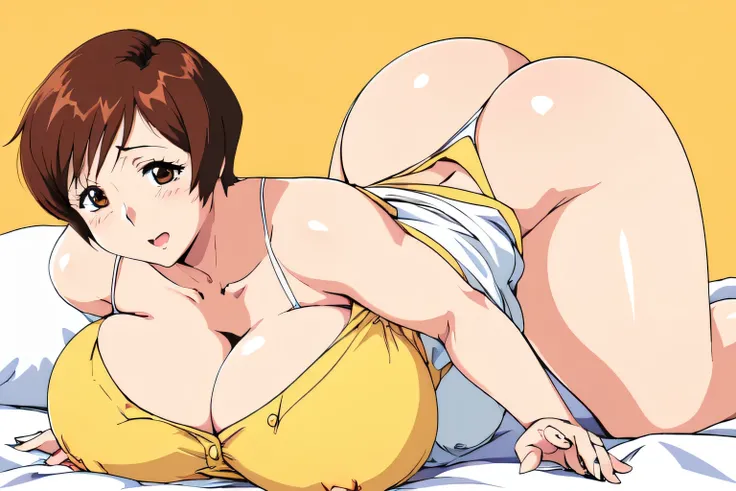 masterpiece, highest quality, High resolution, ((1girl, solo)), short hair, etsukoto, Big and ample breasts, cleavage, (Perfect beautiful yellow dress:1.4), ((White waist apron)), White panties, nsfwal face, (((simple background))), Shiny oily skin, Huge l...