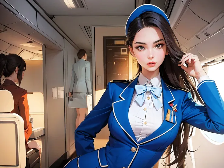 superflat, flat shading, flat colors, (masterpiece:1.2, best quality), a superb young woman, dressed as a sexy air hostess, ((on the plane:1.3))