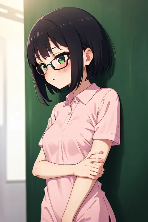 In town,Small breasts that can be rolled up,Black Hair,short hair,Green Eye Glasses,(Pink polo shirt, Short sleeve, naked), (High resolution, high quality:1.1), Intricate details,  1 girl,(blush,Embarrassing)There are a lot of people around