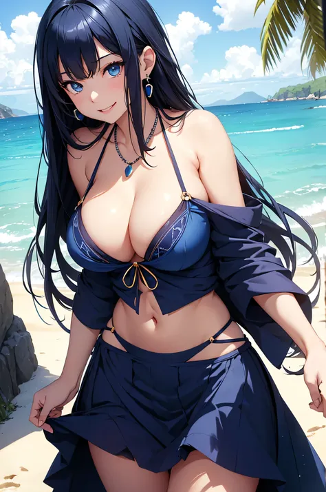 beautiful girl,Long dark blue hair ,blue eyes,Navy Blue Bikini、Big cleavage、(Big Breasts)、smile、blue necklace、Blue Earrings、background(Beach)、Sexy pose、Open your mouth wide、Navy Blue Skirt