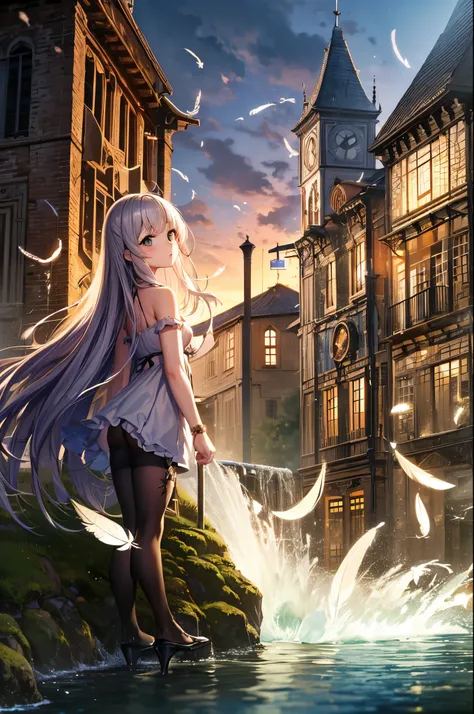 Absurd, High resolution,, (One girl, alone), Big eyes,, Townscape,, (water effects, Light effects, fluttering feathers:1.2),