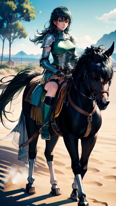 ((best quality)), ((anime masterpiece)), (detailed), cinematic lighting, vivid color, 8k, perfect face, medium breast, a female knight riding a walking black horse on desert, (medium hair, hair, above shoulder,{green hair}, green armor, blue miniskirt, blu...