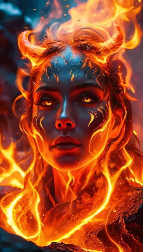 (best quality,absurdres), realistic, 8k, ultra-detailed, (cowboy shot:1.6), (low angle shot:1.6) female lava demon, demonic beau...