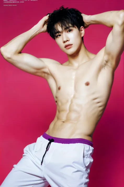 Full colorful studio light background and backdrop,magazine photo,sexy abs pose,no text,abs shirtless,shirtless monochromatic short suit,Handsome korean male,Center-parted hairstyle,a cassock,worship,angle tilted to the side,