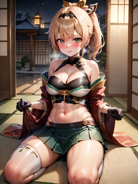 NSFW,Hololive,Kazema Iroha,Blonde,ponytail,hair ornaments,Headband,kimono,Bleaching,Haori,Belly button cover,Black gloves,Pleated skirt,Green skirt,White knee socks,Cleavage,Skirt Lift,seiza,Embarrassed,blush,Expectant look,Mansion at night,Japanese-style ...