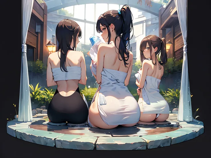 A group of women set in a medieval fantasy world、Dragon Quest、 (At the hot spring), Mr.々Hair style, Harem, night, Detailed aspect,  Seduce, ((Transparent towel:1.5))、Huge Breasts、Big Ass、wide waist width、The nipples are erect、Angle from behind、Half ass