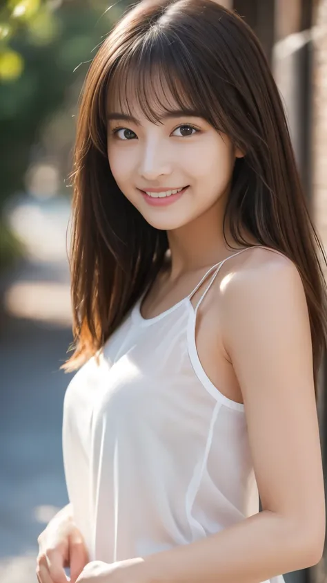 masterpiece, best quality, ultra high res, ultra detailed, sharp focus, 1girl, solo, a stunning pretty and beautiful Japanese sexy model, 19yo, looking at viewer:1.3, (bright smile:0.6), wearing a (blouse), dusk, sunset, night, realistic, slender, (standin...