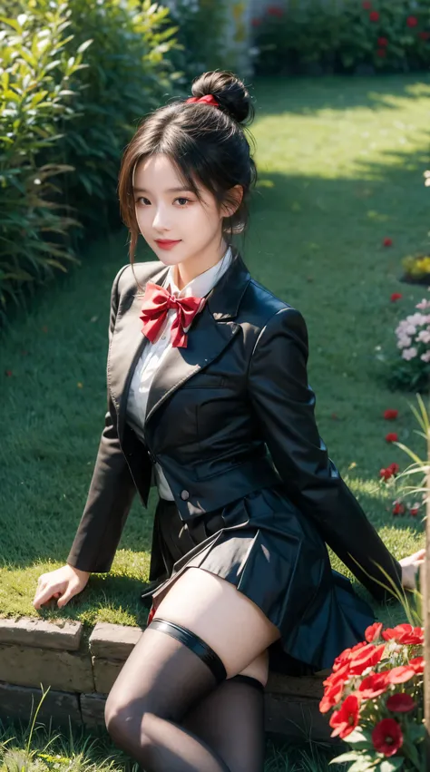 masterpiece, best quality, Fermonica, Hair Bun, Weaving, Red bow tie, Black jacket, Black skirt, Red pantyhose, Upper Body, from above, Supine, Grass, Looking at the audience, tired, Smile, garden 