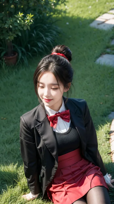 masterpiece, best quality, Fermonica, Hair Bun, Weaving, Red bow tie, Black jacket, Black skirt, Red pantyhose, Upper Body, from above, Supine, Grass, Looking at the audience, tired, Smile, garden 