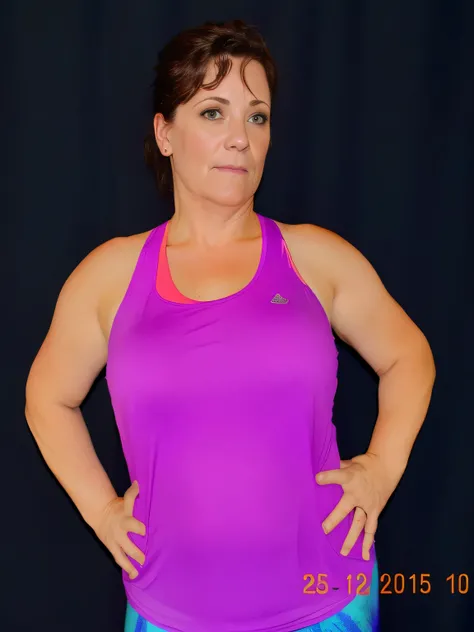 there is a woman in a purple tank top posing for a picture, frontal pose, wearing purple undershirt, fit pic, sweating intensely, sweating, t pose, folds of belly flab, 40 years old women, her face flushing and sweat, half-body shot, half - body shot, 40 y...