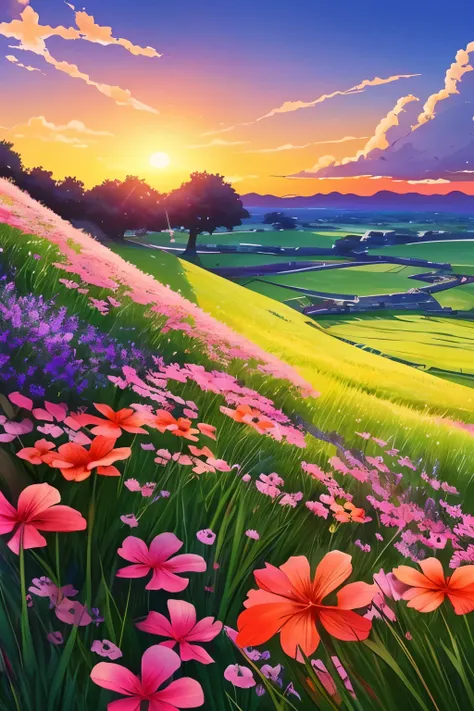 flowers in the grass with a sunset in the background, 🌺 cgsociety, ross tran. scenic background, beautiful anime scene, anime. by makoto shinkai, beautiful illustration, cosmic skies. by makoto shinkai, by Makoto Shinkai, by makoto shinkai, anime beautiful...