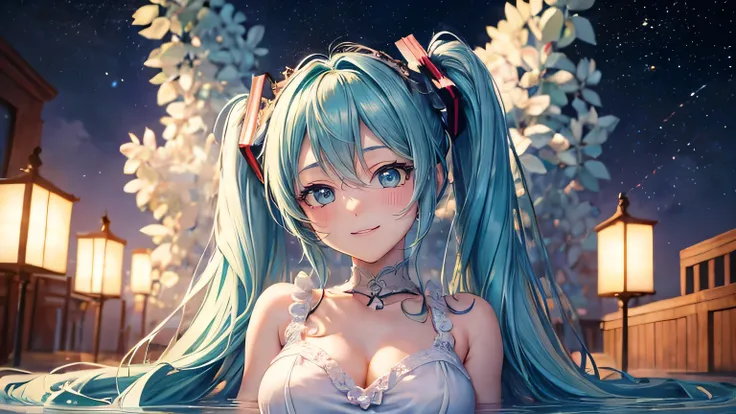 (oil, masterpiece, highest quality, Super detailed, Focus on the characters), Hatsune Miku、Smiling Kindly、Detailed facial expression depiction，Detailed hair depiction,([return:0.8]|[ face facing returnwards:1.1]), Super big breasts,
Cute loungewear,([Starr...