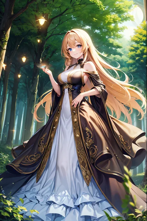 One girl, ,,Smile more, High-resolution images, woman, Her hair was decorated with glowing fireflies, Captivatingly shining eyes. Wearing a gown woven with moonlight, She is a tree々Standing in a vibrant and mysterious forest. scene, Surrounded by the fanta...