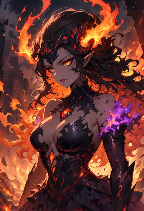 female Lava Demon,gorgeous detailed eyes,beautiful detailed lips,fire-like appearance,shimmering lava body,curly fiery hair,dark fantasy setting,sinister atmosphere,gloomy lighting,ominous shadows,crumbling ruins,ancient symbols,fiery cracks on the ground,...