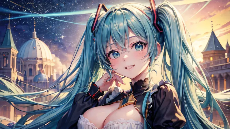 (oil, masterpiece, highest quality, Super detailed, Focus on the characters), Hatsune Miku、Smiling Kindly、Detailed facial expression depiction，Detailed hair depiction,([return:0.8]|[ face facing returnwards:1.1]), Super big breasts,
Cute loungewear,([Starr...