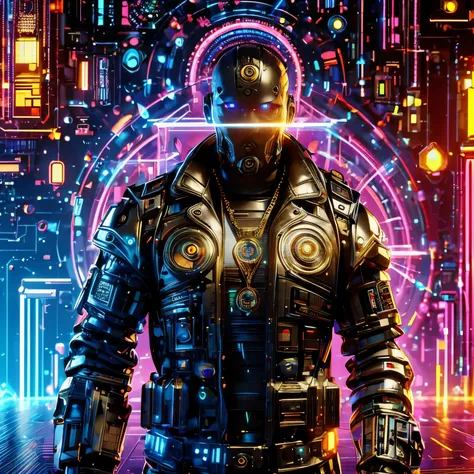 machine, cyberpunk, black leather coat, gold chain, skull head, mechanical body, holographic transparent cyberpunk, high-beam ey...