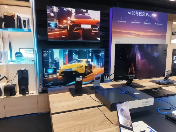 There are many monitors and notebooks on the table in the store, Products, captured with sony a3 camera, hyperdetailed samsung store, Eight times 8k, quantum dots, Shot with Sony alpha 9, Exhibition Hall Scene, Sharp Focus UHD 8, 4K product photos, Wide An...