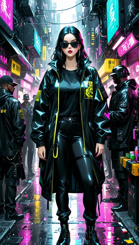 artist by Megan Hess,1girl,long windbreaker，sunglasses，Black market in the back streets of a cyberpunk metropolis，Many black traders followed，Man in black，Many people，High quality details、Brilliant colors、Real and detailed picture、