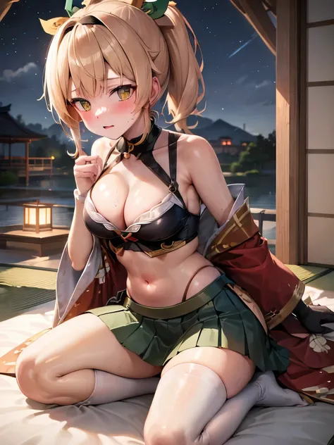 NSFW,Hololive,Kazema Iroha,Blonde,ponytail,hair ornaments,Headband,kimono,Haori,Belly button cover,Black gloves,Pleated skirt,Green skirt,White knee socks,Cleavage,Skirt Lift,Embarrassed,blush,Expectant gaze,Mansion at night,Japanese-style room,Futon,(Perf...