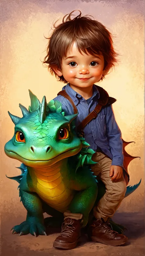 painting of a little boy with a dragon on his shoulder, charming digital painting, A friendly guy and a little creature, children&#39;s creativity in artstation, Cute little dragon, fantasy character portrait, Lalafel, Fantasy Characters, fantasy art smug ...