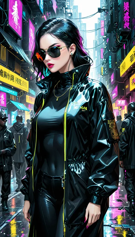 artist by Megan Hess,1girl,long windbreaker，sunglasses，Black market in the back streets of a cyberpunk metropolis，Many black traders followed，Man in black，Many people，High quality details、Brilliant colors、Real and detailed picture、