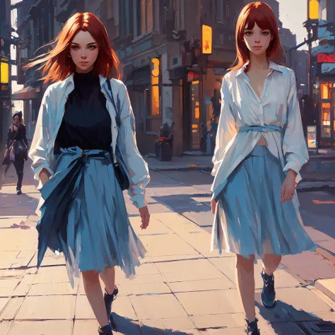 art by Ilya Kuvshinov, art by Jeremy Mann a ultra cute ginger fuzzy young women, walking in the city, a hyper ultra pale lite blue eyes, art by Ilya Kuvshinov, luminous skin, translucent skin