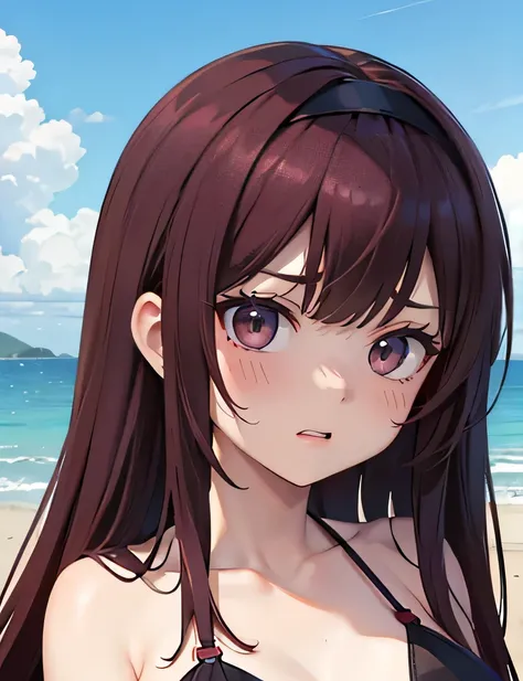 Burgundy hair, long hair, medium chest, red floaty, light gray eyes, sharp eyes, bangs, black hairband, biridere, straight face, large chest, sharp irises, outside, day, black swimsuit, tall, beach, black bikini, large breasts, surprised face, shocked, clo...