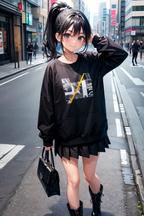 girl、Crisp eyebrows、Top ponytail、black hair、Sweatshirt with pockets（gray）、Pleated mini skirt（black）、boots（black）、While walking、whole body、Put your hands in your pockets、Shibuya Street、smile、Smile showing teeth、Smile、Hanging eyes
