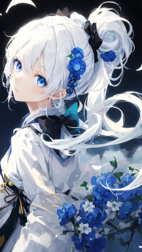 surreal, masterpiece, 4k, an anime girl, white hair tied up, blue eyes, black bow, wearing traditional Japanese, white background