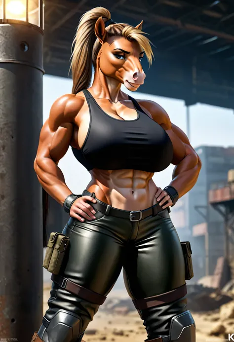 4k highly detailed realistic digital extremely high quality drawing, masterpiece, (by keeltheequine), (uploaded on e621), (a full-body portrait of a female anthro horse), (leaning against a T-45_Power_Armor in a post-apocalyptic wasteland), ((wearing a tan...