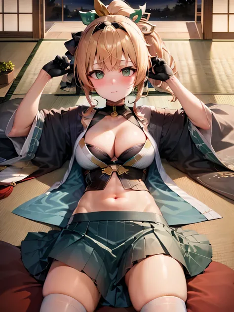 NSFW,Hololive,Kazema Iroha,Blonde,ponytail,hair ornaments,Headband,kimono,Haori,Belly button cover,Black gloves,Pleated skirt,Green skirt,White knee socks,Cleavage,Skirt Lift,Embarrassed,blush,Expectant gaze,Face to the side,Mansion at night,Japanese-style...