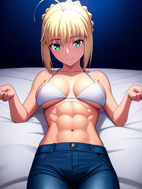 Best_quality, masterpiece, highres, detailed, detailed_background, ray_tracing_graphic, solo, adult_female, {saber_fatestaynightufotable:1.15}, blonde_hair, French_bread, little_ahoge, detailed_green_eyes, blue_ribbon, 1girl, anime_coloring, detailed_face,...