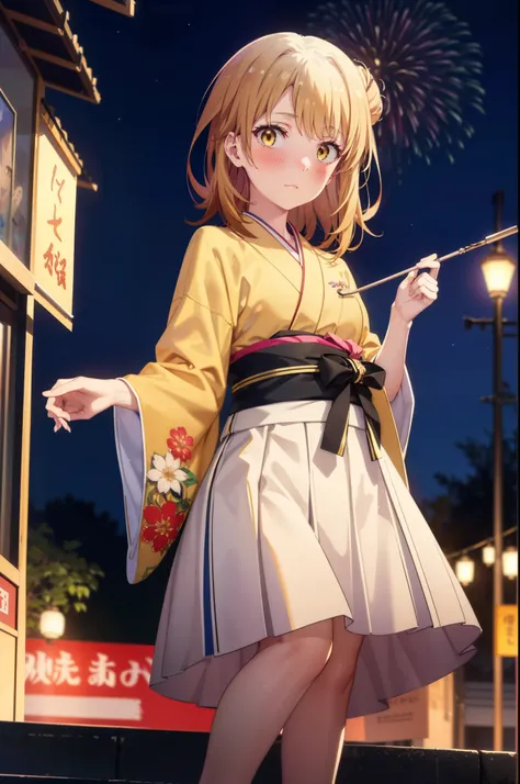 irohaisshiki, Iroha Isshiki, long hair, Brown Hair, (Brown eyes:1.5), Hair Bun, single Hair Bun笑顔,Yellow kimono,Thick sleeves,Long skirt,White tabi,Sandals,日本のFestivalり,夏Festivalりの屋台,Red lantern,Fireworks in the night sky、Fireworks,The place is a fireworks...