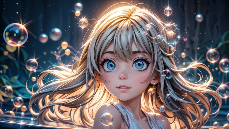 
A little girl dancing with soap bubbles,illustration,Soft colors,soft light,high resolution,Super detailed,best quality,portrait,fantasy,Charming atmosphere,floating dress,Beautiful and delicate eyes,Flowing long hair,Slender fingers,Dream background,Deta...