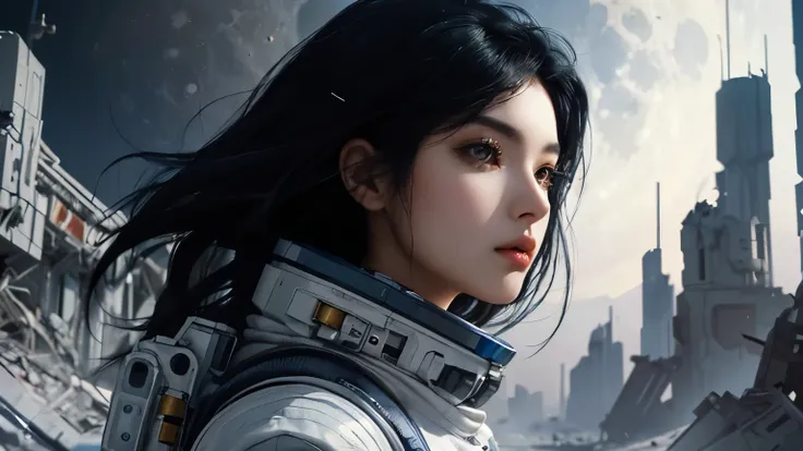 Upper body close-up image.A beautiful woman. Twenty years old. Black hair. She is wearing a space suit and standing on the moon. Behind her lies a futuristic city in ruins.