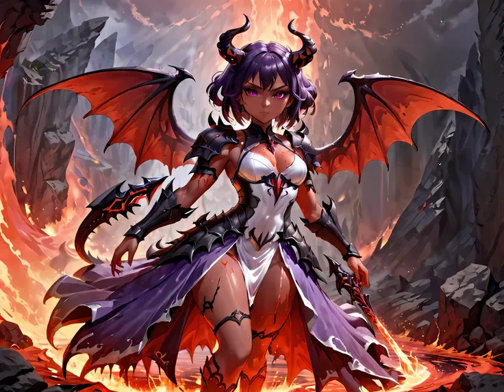 fantasy art, RPG art, masterpiece, a portrait picture o hellish female demon from hell, she has (black horns: 1.2), (black: 1.2) demon wings, (red: 1.3) skin, red lava dripping from her, she wears (white: 1.3) armor, (purple: 1.3) ArmoredDress, streams of ...