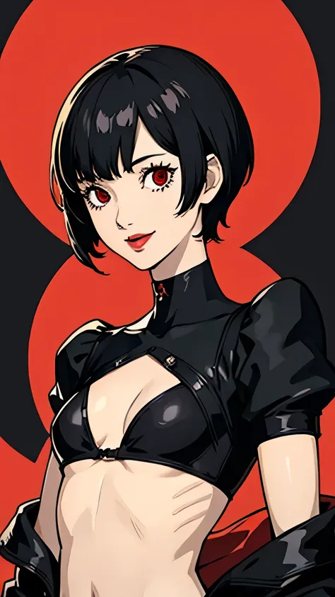 1 girl, red eyes, very Short hair, black choker, lipstick, half body, smile, black hair, small breast