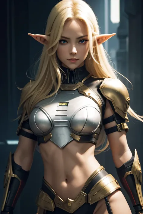 female elf , small breasts, blond hair, red eyes, cyborg, croptop