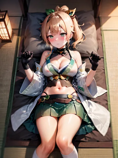 NSFW,Hololive,Kazema Iroha,Blonde,ponytail,hair ornaments,Headband,kimono,Haori,Belly button cover,Black gloves,Pleated skirt,Green skirt,White knee socks,Cleavage,Skirt Lift,Embarrassed,blush,Expectant gaze,Face to the side,Mansion at night,Japanese-style...