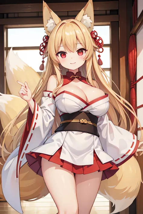 highest quality、smile、Big Breasts、Cleavage、Are standing、Angle from below、Fox ears、Long blonde、Red Eye、uniform、mini skirt、Japanese-style room