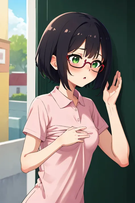 In town,Small breasts that can be rolled up,Black Hair,short hair,Green Eye Glasses,(Shocking pink plain polo shirt, Short sleeve, naked), (High resolution, high quality:1.1), Intricate details,  1 girl,(blush,Embarrassing)There are a lot of people around