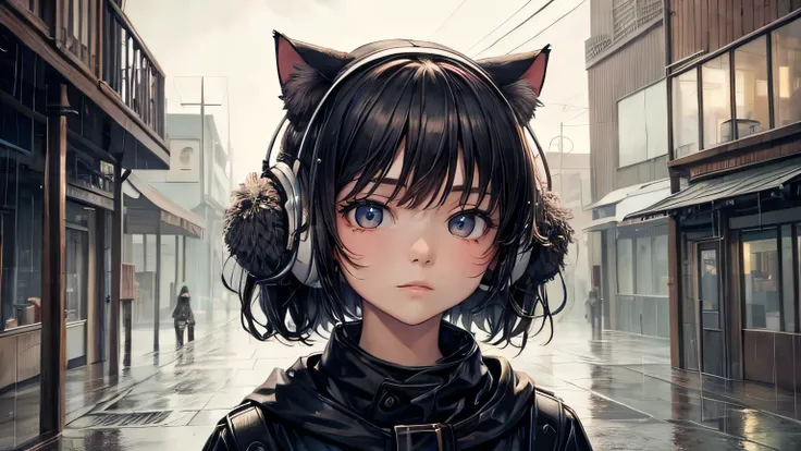 (oil, masterpiece, highest quality, Super detailed, Focus on the characters), Cat ear、10 year old girl、Face close-up、Earmuffs、Detailed facial expression depiction，Detailed hair depiction,([return:0.8]|[ face facing returnwards:1.1]), Large raincoat,(Rainy ...