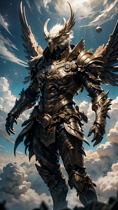 Garuda, (Bird Head:1.3), Very hairy body, Huge body, (Bird talons:1.2), Luxurious Armor, Dynamic pose, Cinematic lighting effects, Being above the clouds, Dynamic composition, (wrapped in cumulonimbus clouds:1.2), Full Plate Armor, , , Cumulonimbus clouds ...