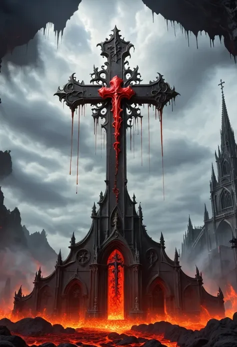 (Messenger from magmahell:1.4),cross,A huge Lava Demon,Looking from the bottom up,hell,magma,flame,(Purple flame:1.3),There is fresh Blood on the ground,Blood pool,dripping Blood,Gothic aesthetics,one、Rose、castle、cross、Blood、Churchyard,The mystery of gothi...