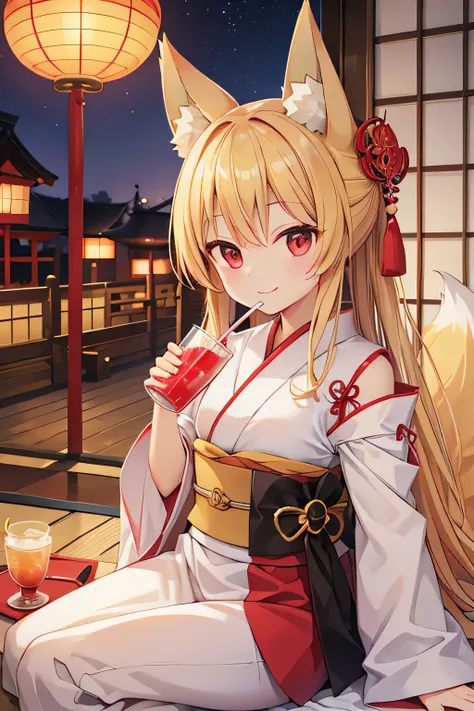 highest quality、smile、Drinking juice through a straw、Fox ears、Long blonde、Red Eye、Japanese-style room