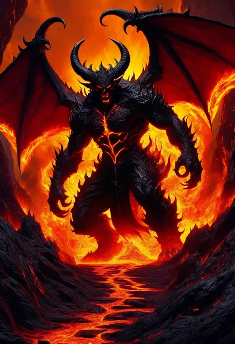 (high quality, detailed, Practical:1.37), (fear, dark, Diabolical) (1 demon,Its body is made of lava.:1.5)。Lava Demon and Demon Knight fight in Hell's Court. A bride, (quilt locked; quilt; boundary) Standing high, With flowing lava, Lava Falls, crack, ...