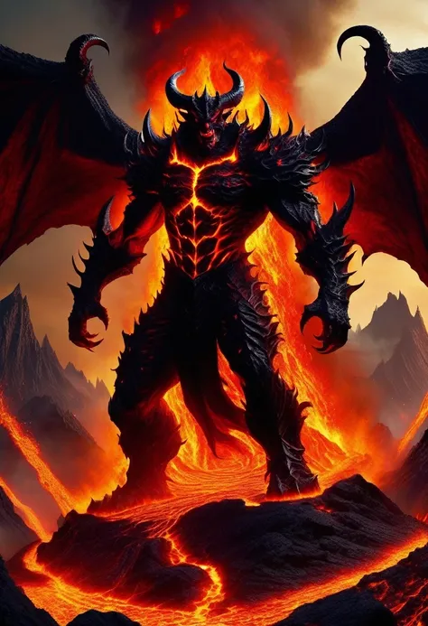 (high quality, detailed, Practical:1.37), (fear, dark, Diabolical) (1 demon,Its body is made of lava.:1.5)。Lava Demon and Demon Knight fight in Hell's Court. A bride, (quilt locked; quilt; boundary) Standing high, With flowing lava, Lava Falls, crack, ...