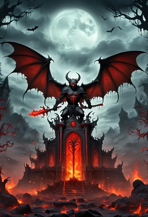 Lava Hell,Dark Lava Overlord,Nether lava mobs,masterpiece:1.2,Super detailed,Gothic art,Gloomy atmosphere,Ominous red and black color scheme,Majestic throne,flying bats,Mark of the Lava Demon,Beautiful forest,crimson fire,Ominous eyes pierce the darkness,S...